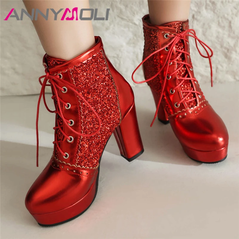 

ANNYMOLI Women Ankle Short Boots Round Toe Thick High Heels Platform Lace-up Metallic Boot Ladies Fashion Shoes Autumn Winter 46