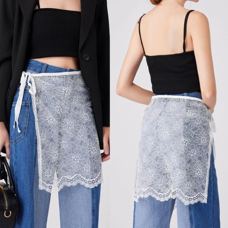 Women Korean Tie Up See Through Flower Apron Skirt Short Hip Cover Scarf