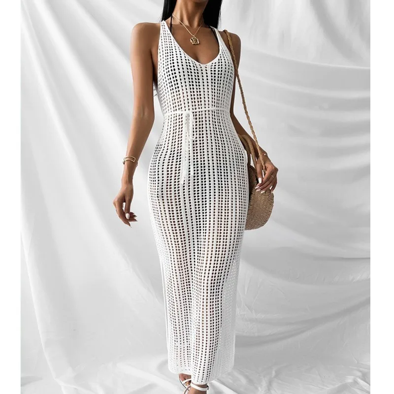 

Women's Sexy Hollow Maxi Skirts Fishnet Mesh See Through Bodycon Backless Long Dress 2022 Summer New Fashion Solid Sling Dresses