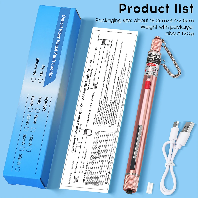 Rechargeable Visual Fault Locator FTTH High Quality Fiber Optic Cable Tester Tool 5/10/20/30/50MW VFL 2.5MM(SC/FC/ST) Interface