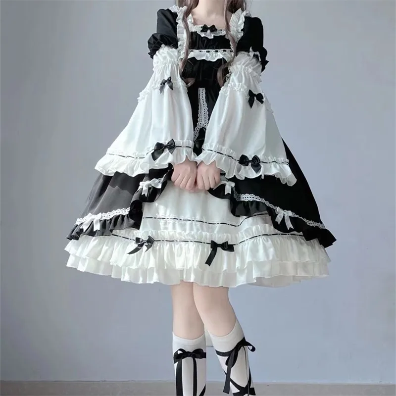 

Anime Sweet Girls Harajuku Maid Cosplay White Black Kawaii Lolita Op Daily Retro Cute Dress Elegant Detachable Sleeve Tea Party