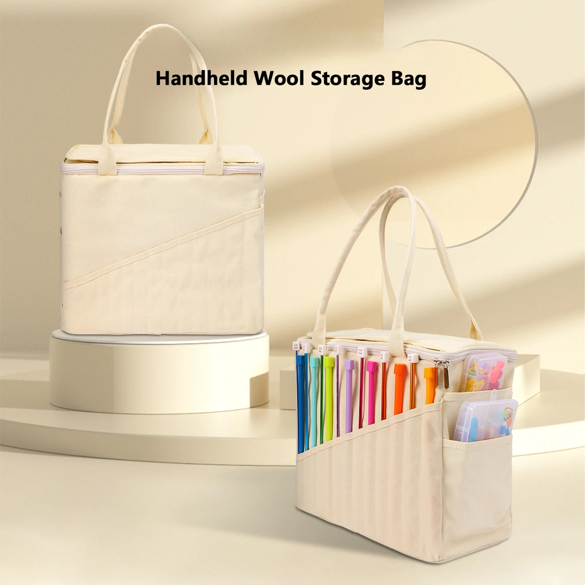 Large Capacity Organizer Canvas Yarn Storage Bag Solid Crochet Bag with Multi-layer Pockets for Hooks Knitting Needles