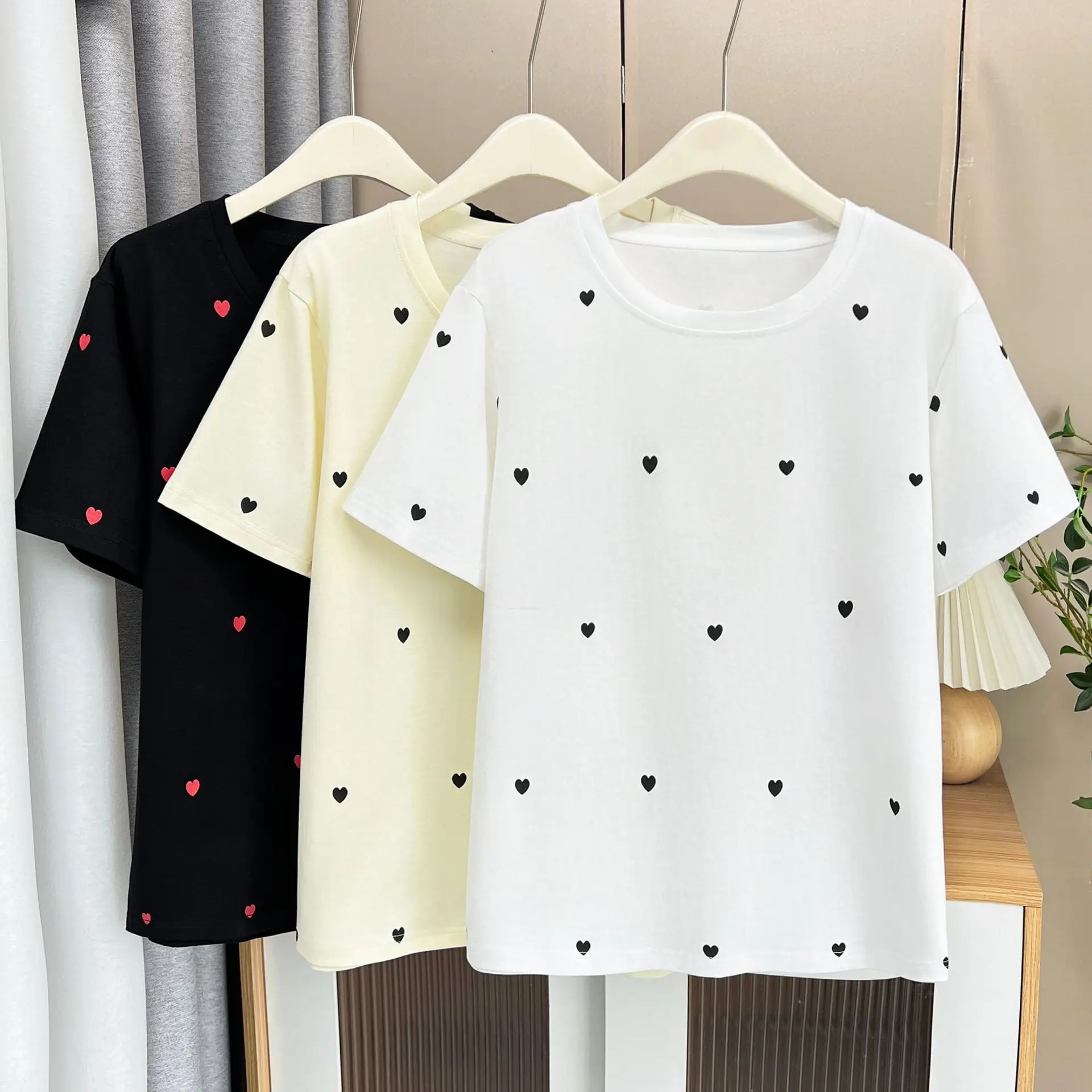 Plus Size Women's Top Summer New 100kg Simple With Small Fresh Love Printing Short Sleeve T-shirt 2246