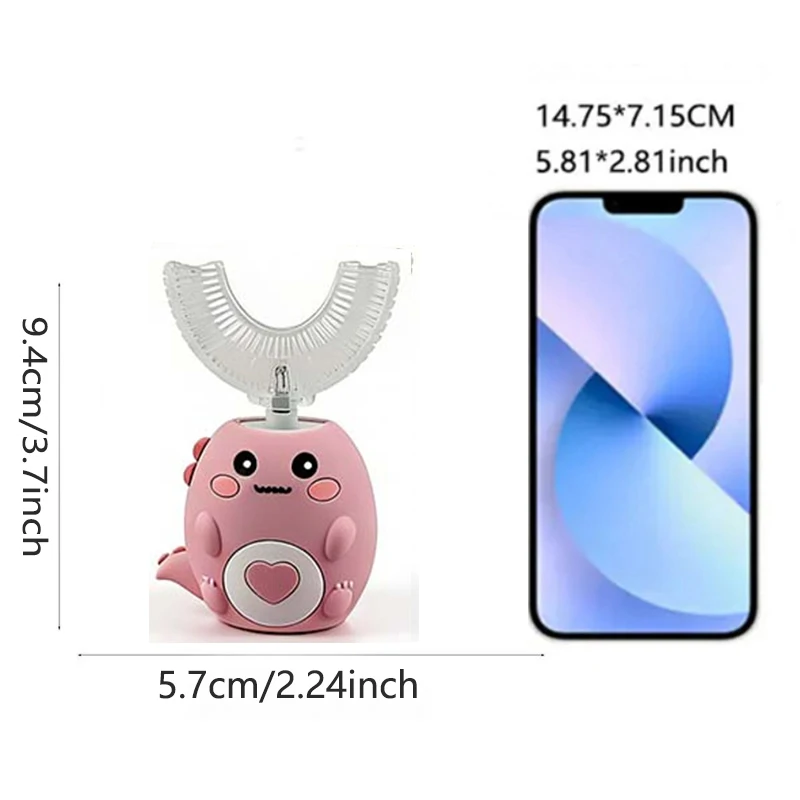 방수 세척 가능 초음파 U자형 구강 청소 도구, USB 충전식 어린이 치아 미백 전동 칫솔