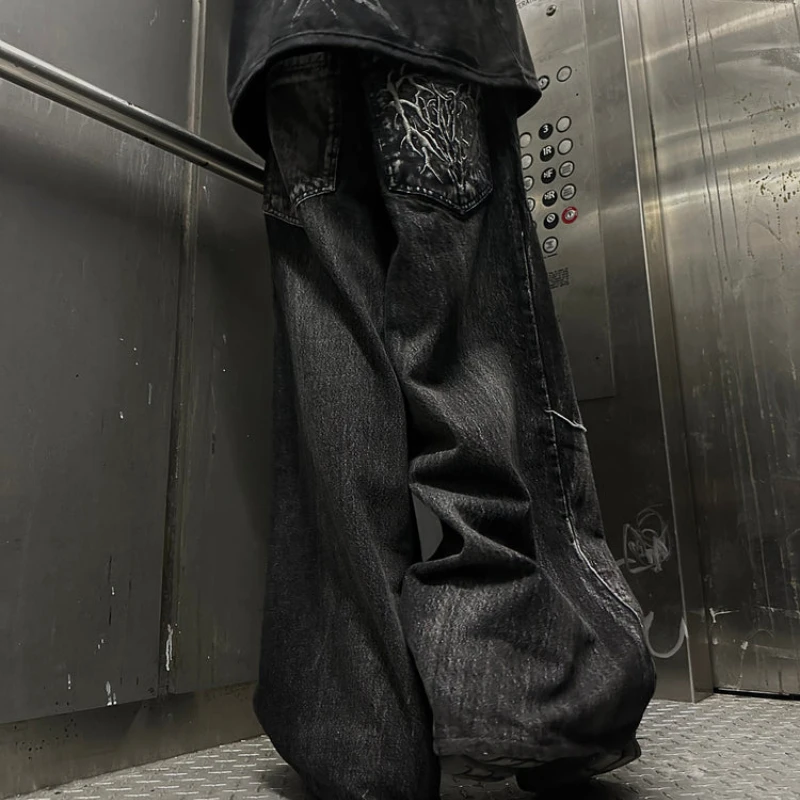 Y2K Phantom Jeans High Street Spider Embroidered Patch Hip Hop Streetwear Gothic Retro Oversized Baggy Fit Unisex Mopping Pants 5