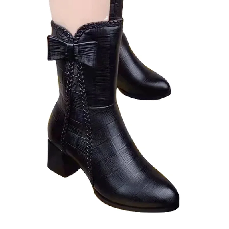 Autumn Women's Shoes Fashion Bowknot Chunky Heel Platform Ankle Boots for Women Plus Size Ladies Mid-calf Boots Zapatos De Mujer