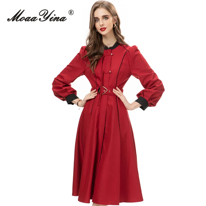 

MoaaYina Autumn Fashion Runway Red Vintage Spliced Dress Women Lantern Sleeve Lace Button Sashes Gathered Waist Slim Long Dress