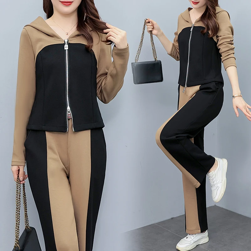 

Spring Spliced Women Sports Two Piece Sets Femme Casual Elegant Full Sleeve Zipper Coat and Slim Straight Leg Pants Tracksuits
