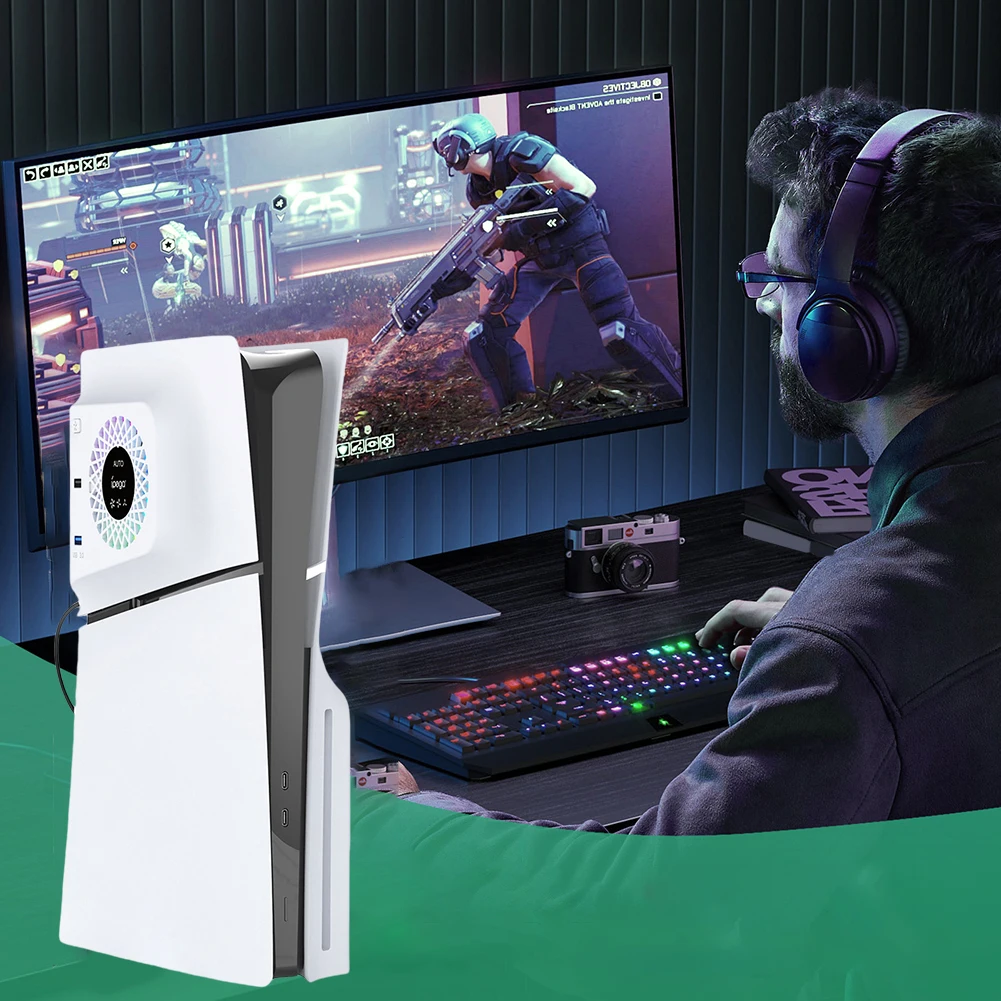 LED 조명이 있는 측면 장착 냉각 선풍기, PS5 SLIM 게임 콘솔용 외부 장착 냉각 선풍기, USB 포트 2 개