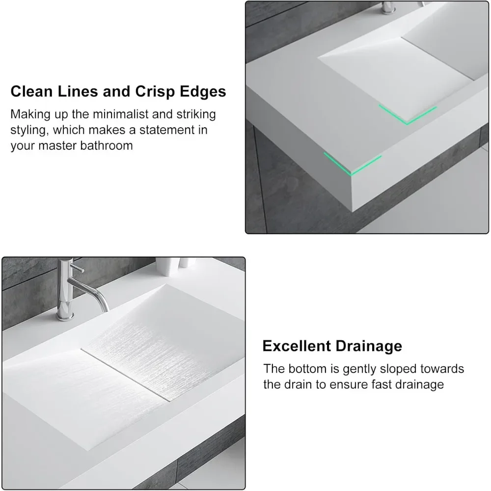 35'' Vessel Sink Wall-Mount Bathroom Sink V-Shaped Floating Sink Stone Resin in Matte White 4