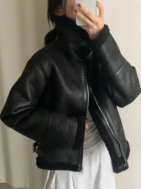 Retro Korean Sle Suede Motorcycle Jaet Women's Loose Casual Faionable Cotton Outerwear Spring Autumn Winter