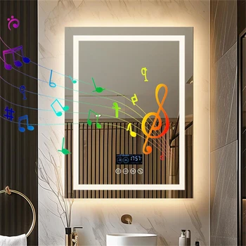 Smart LED Bathroom Mirror Rectangle Wall Mount Mirror w Bluetooth Speaker,Time,Temperature,Light Memory,Front & Backlit,Anti-Fog 1