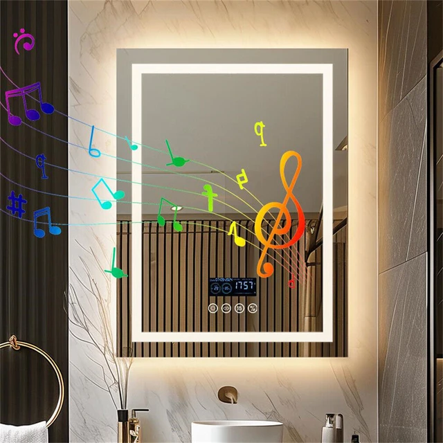 Smart LED Bathroom Mirror Rectangle Wall Mount Mirror w Bluetooth Speaker,Time,Temperature,Light Memory,Front & Backlit,Anti-Fog 1