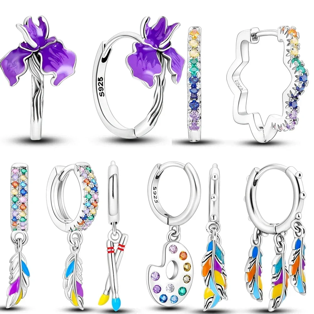 

2023 925 Sterling Silver Earrings Flower Feather Hoop Earring Zircon for Women Making Jewelry Gift Dropshipping for Girl Women