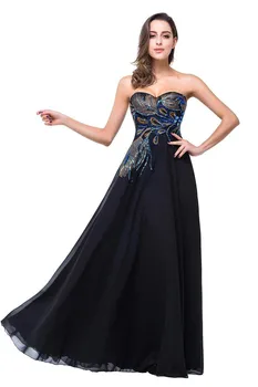 BABYONLINE فساتين سهرة أنيقة باللون الأسود على شكل حرف A من الشيفون والطاووس المطرز على شكل قلب فساتين حفلات رسمية طويلة فيستدو 2