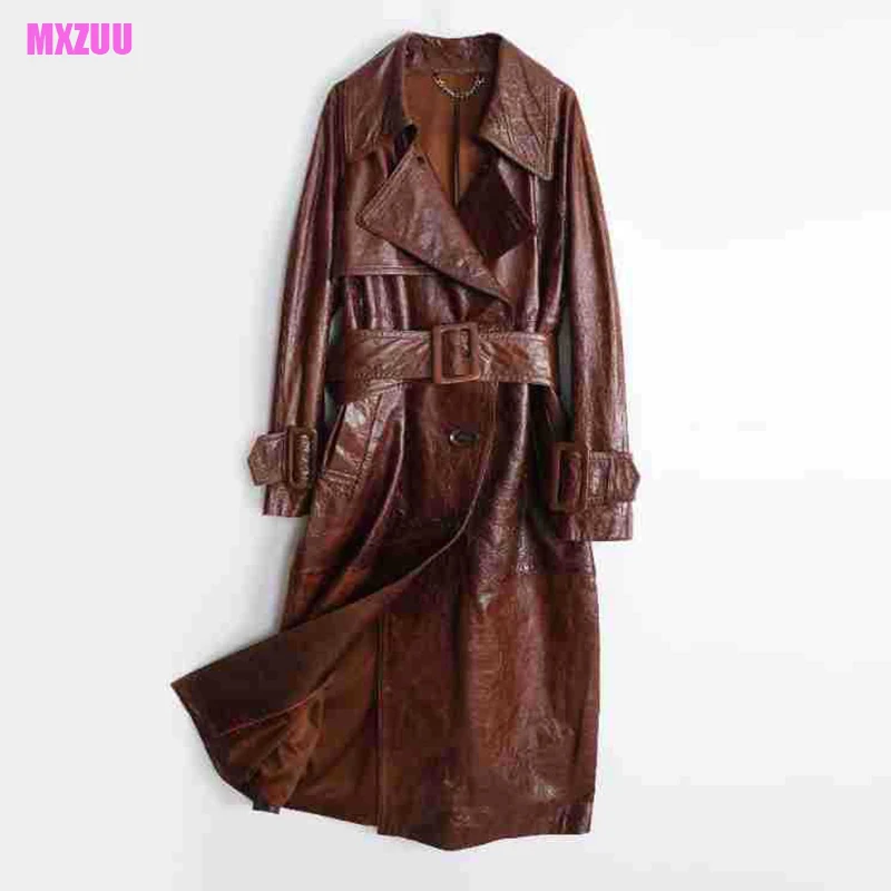 

Women Vintage Waxed Skin Cowhide Trench Coat Autumn Winter Classic Maillard Color Belt Lapel Slim Long Leather Jackets Chestnut