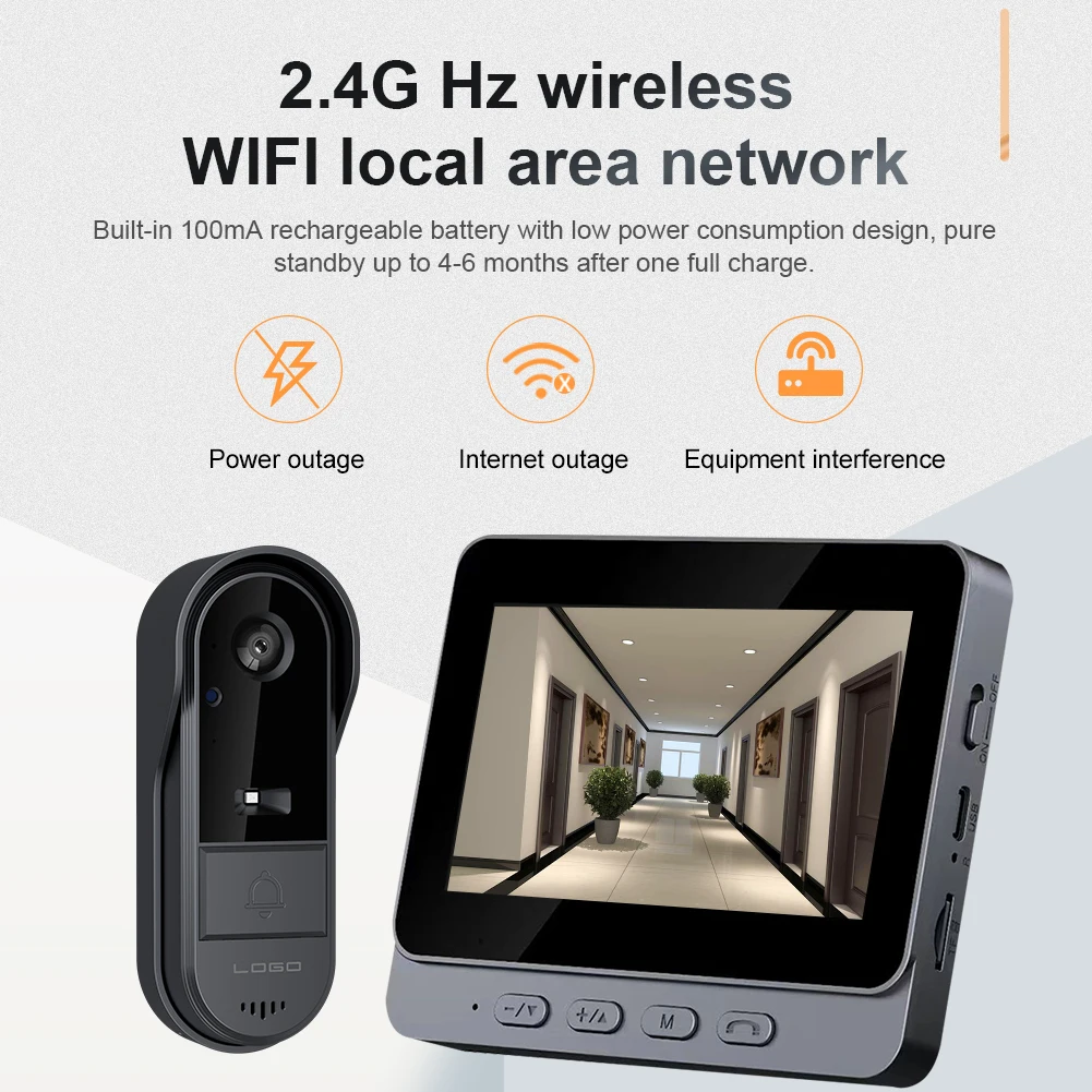 2.4G 와이파이 무선 비디오 도어벨 HD 도어벨 카메라 4.3인치 IPS 스크린 홈 보안 도어 아이 카메라 가정 사무실 아파트용
