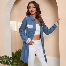 

Denim Shirt Long Sleeve Cardigan 2022 Spring New Single Breasted Stitching Design Denim Shirt Blue Lace Up Women's Denim Shirt
