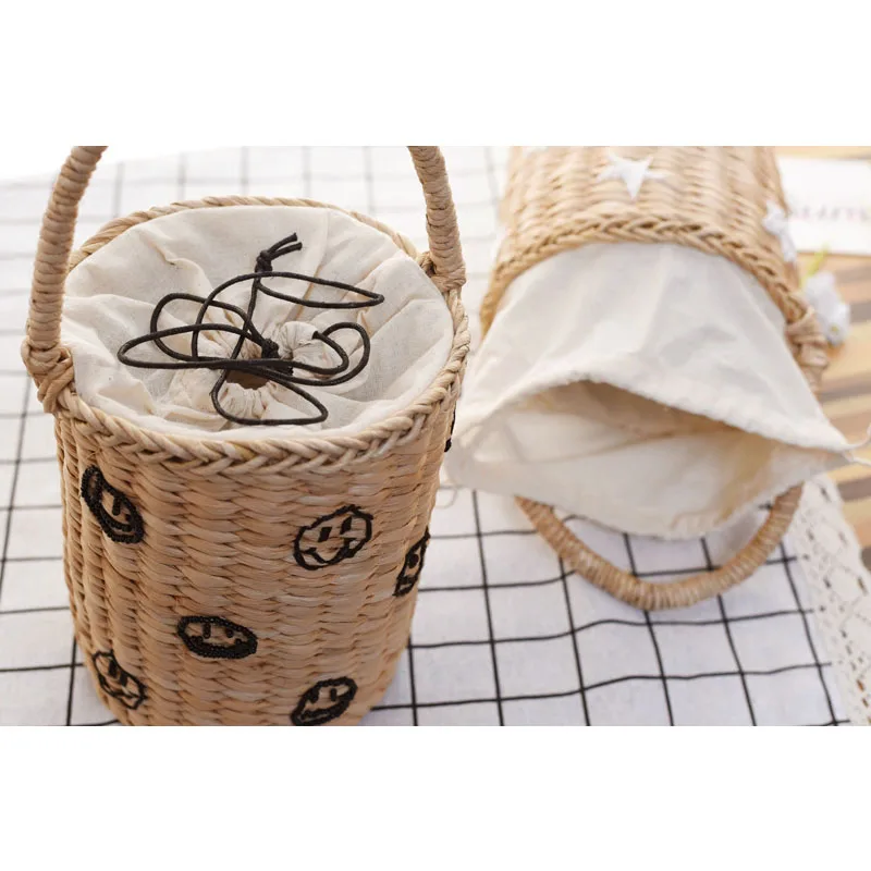 2022 New Fashion Summer Vacation Beach Bag Portable Bucket Woven Bag Totes Embroidery Stars Smile Face pineapple Straw Bag 5