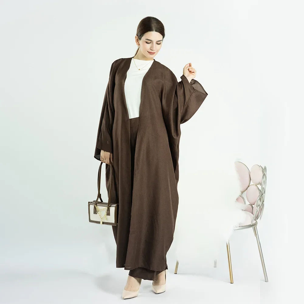 Cotton Linen Kimono Abaya with Pants 2 Piece Matching Muslim Set Abayas for Women Dubai Turkey Kaftan Robe Modest Islamic Outfit