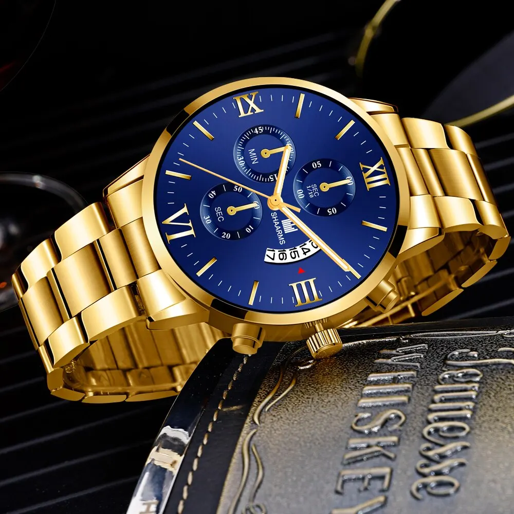 Quartz Watch Men's Fashion Business Stainless Steel Belt Three Eye Six Pin Calendar