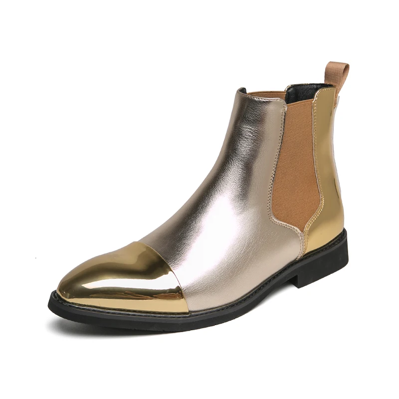 【送料&関税込】Golden Chelsea Ankle Boots Fashion Men Gold Chelsea Boots PU Ankle Boots High Top
