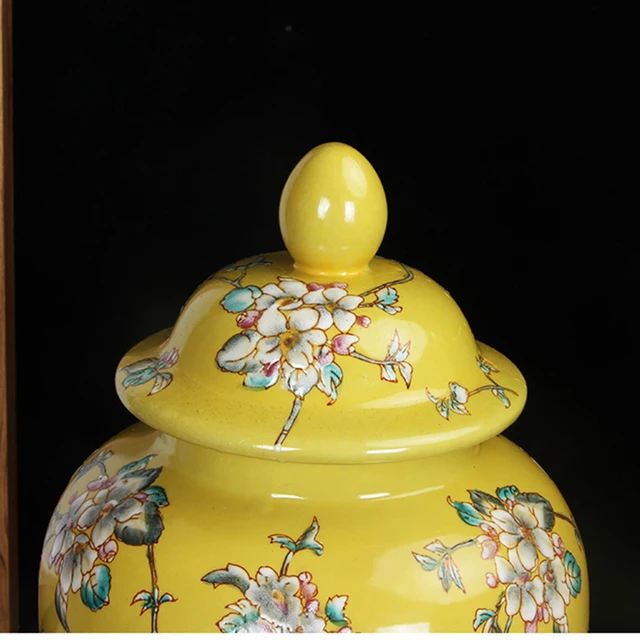 Elegáns Sárga Kerámia Váza Fedéllel Ellátott Pillangó Virág Dekoratív Edény Gyömbér Alakú Porcelán Vázák Fedő - Image 6