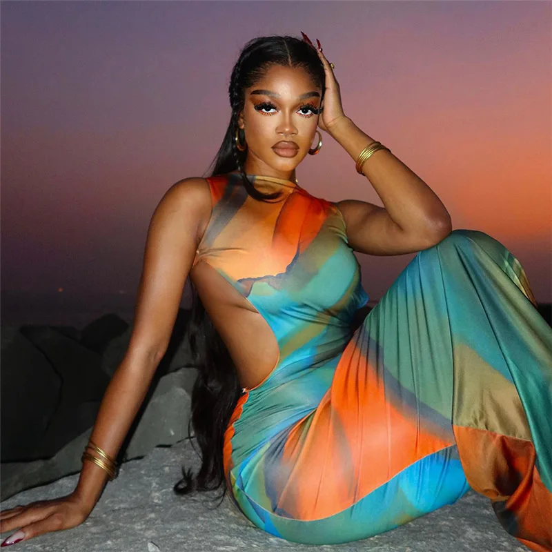 

Women Dress Fashion Sexy Streetwear Club Sleeveless Backless Bodycon Long Dress Clothes Summer 2024 Printed Beach Party Dresses