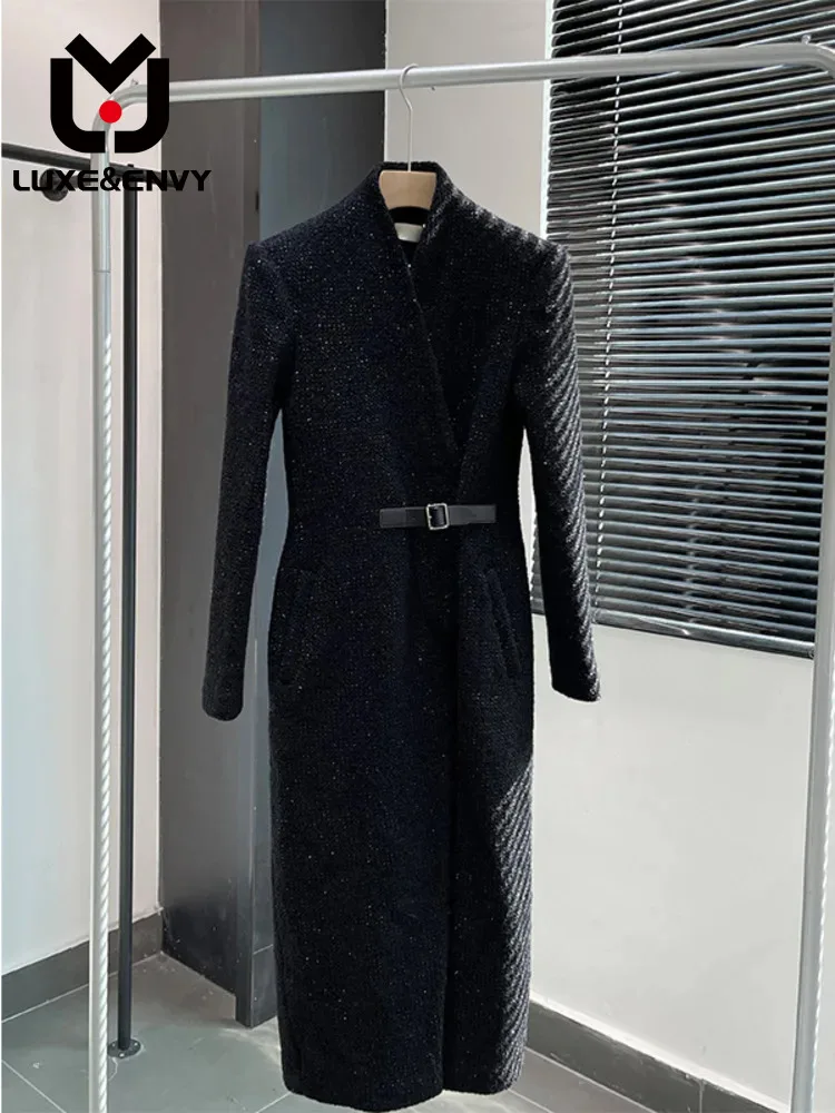 

LUXE&ENVY French haute black Hepburn style woolen coat 2024 spring new fashionable and versatile waistband slimming jacket