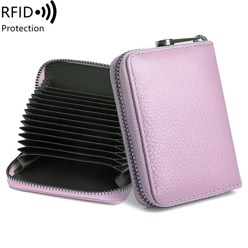 RFID Genuine Leather Accordion Wallet with Zipper - Elegant 14-Slot Credit Card Organizer