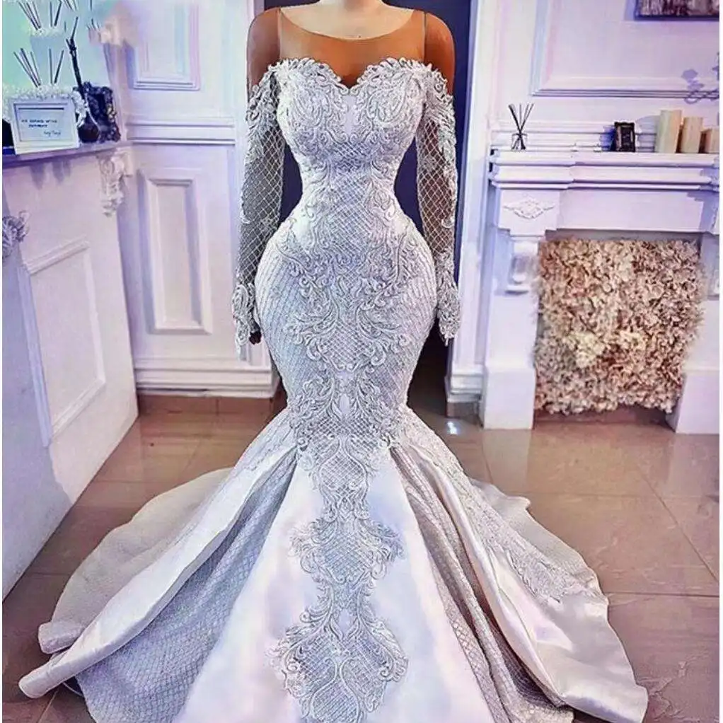 

Vintage African White Mermaid Wedding Illusion Neck Plus Size Elegant Sheer Long Sleeves Lace Bridal Fish Tail Dress