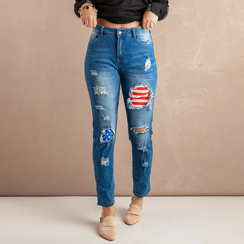 

2022 Summer July 4th Independence Day Women's Flag Trousers Straight Leg Ripped Jeans Lady Girl Maid Blue Skinny Pencil Pants