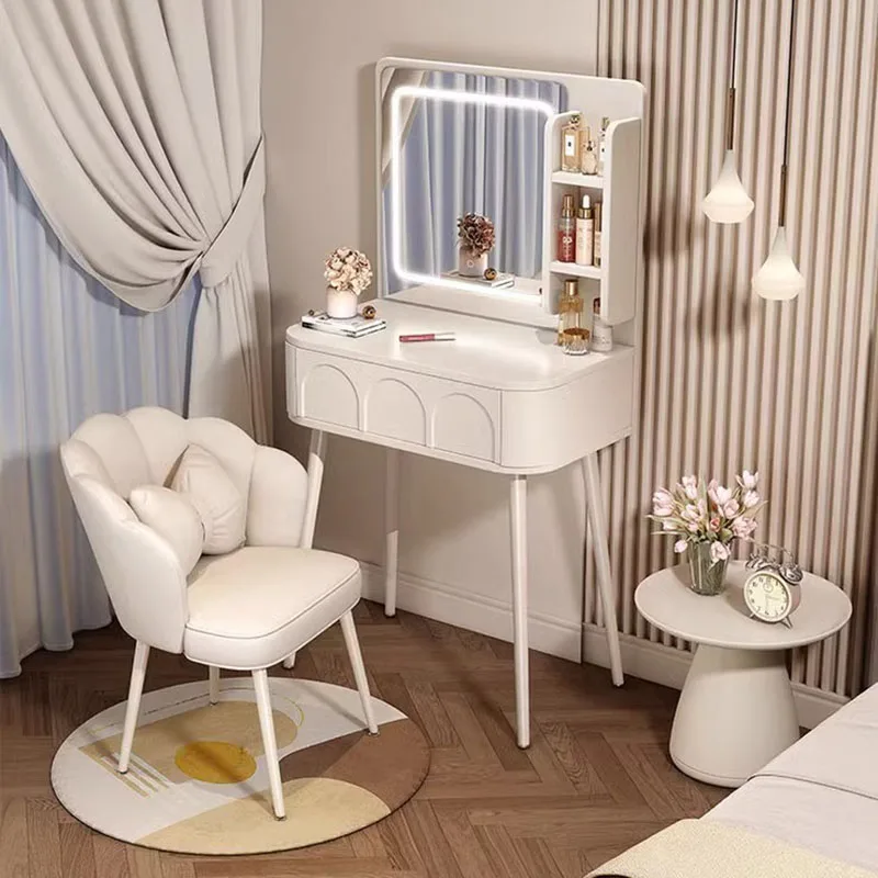 

Led Mirror Dresser Cabinet Drawers Minimal Stool Modern Wood White Makeup Table Women Bedroom Mesa Maquillaje Dresser Furniture