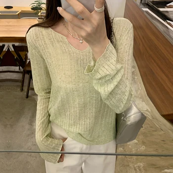 المرأة مثير انظر من خلال تي شيرت فضفاض كم طويل تي شيرت برقبة على شكل v موضة أوائل الصيف قميص واقية من الشمس تكييف الهواء 4