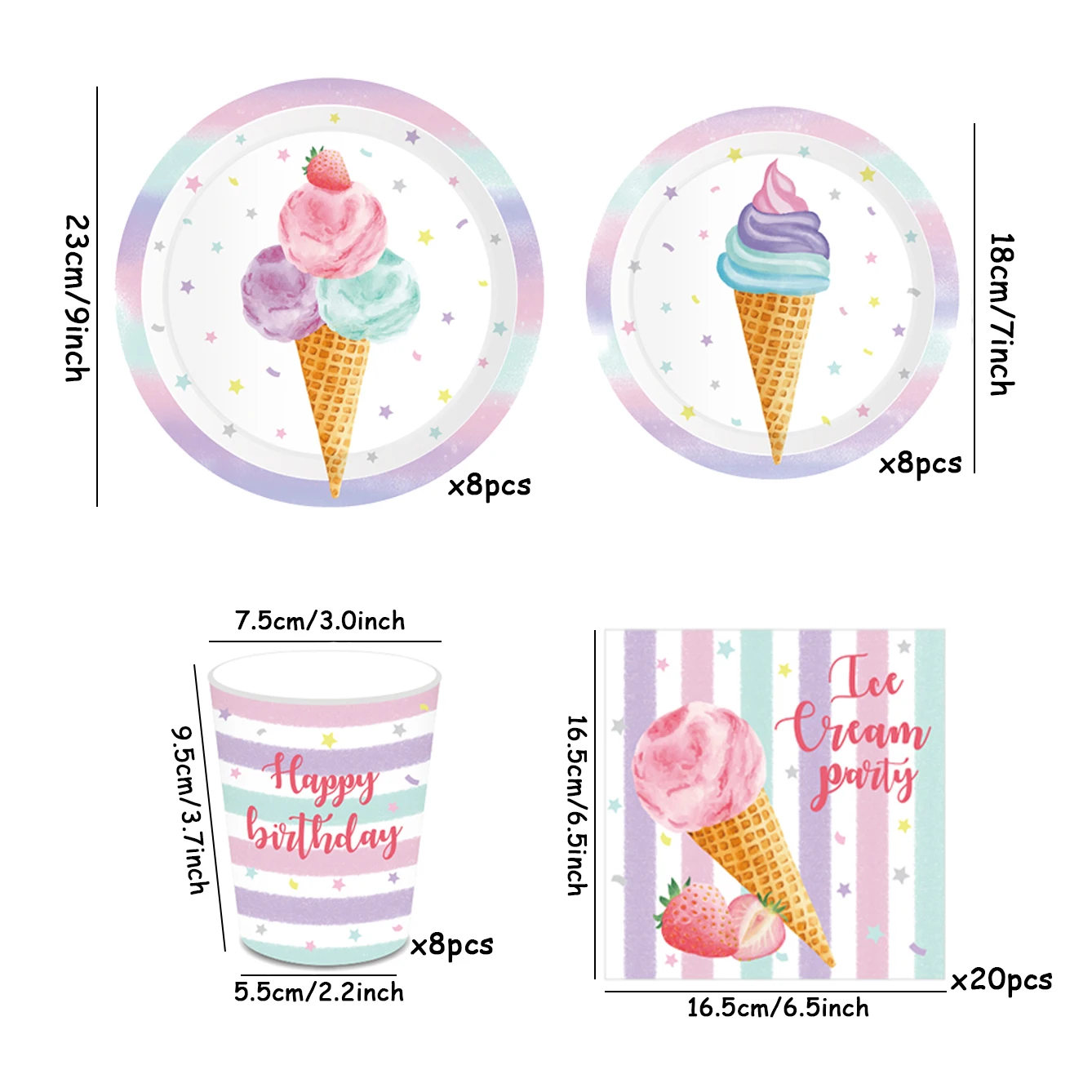 Ice Cream Theme Party Disposable Paper Tableware Set Plate Cup Napkin For Birthday Party Wedding Baby Shower Decoration Supplies