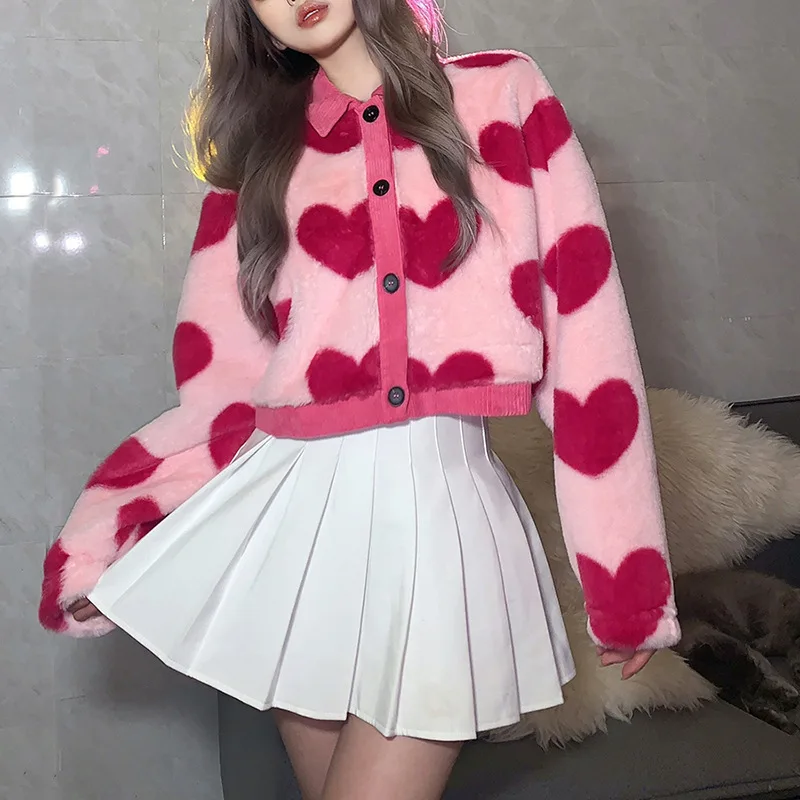 

Pink Girl Short Top Cute All-Match Love Contrast Woolen Loose Comfortable And Supple Women's Coat Button Jackets Tops
