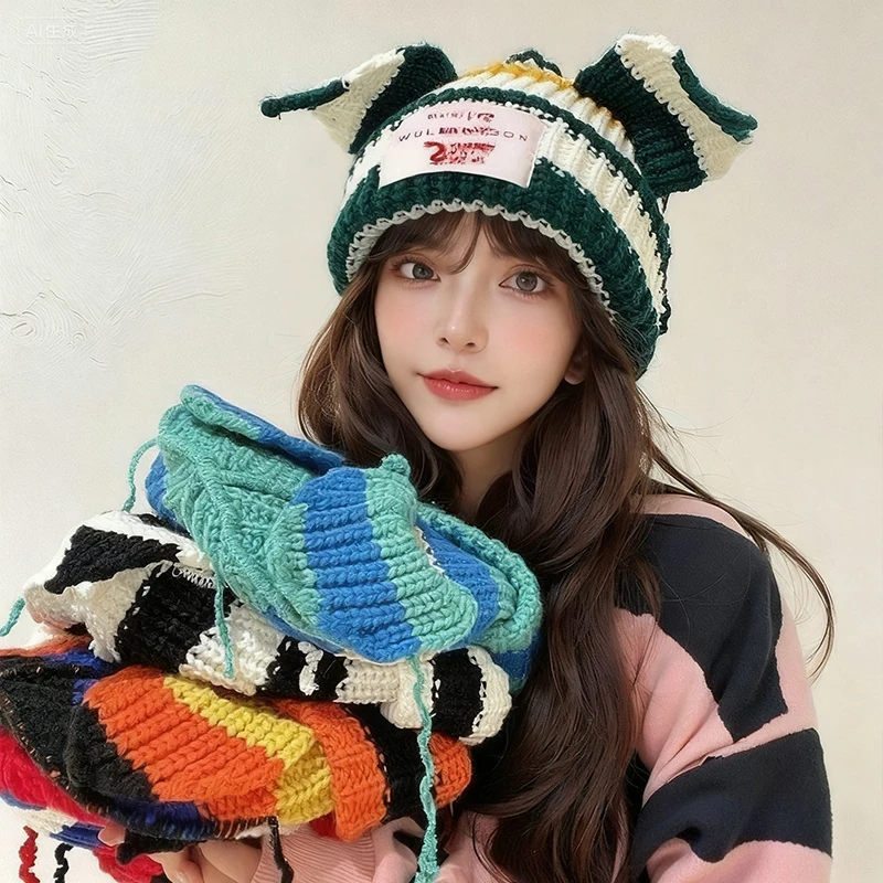 Kawaii Pig Ear Knitted Beanie Hat For Women And Men Winter Warm Fashion Striped Ski Hat Trendy Headwear New Year Gift