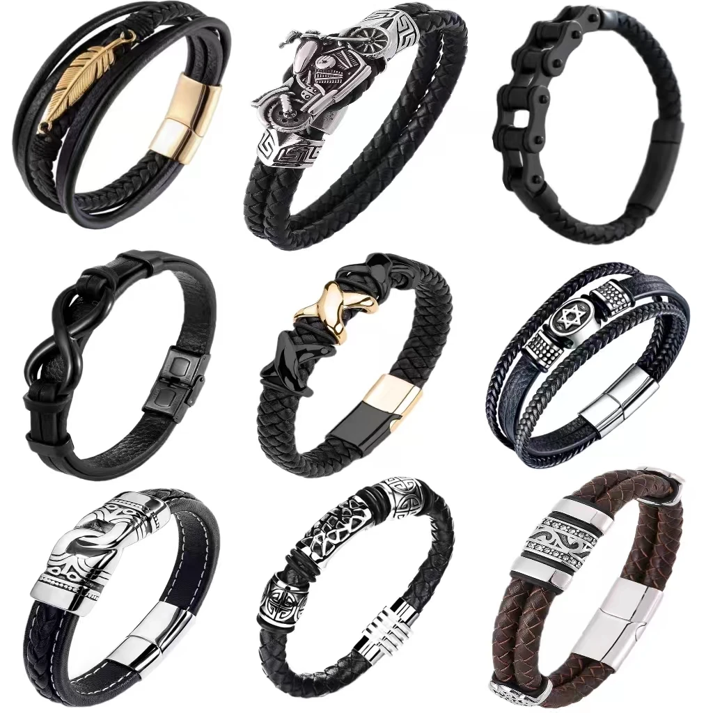 Biker Jewelry Leather Bracelet Biker Bracelet Men Leather Chain