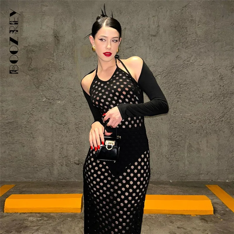 

BooZrey Long Sleeve Hollow Out Hip-hugging Solid Slim-fitting Dress 2023 Summer V-neck Sling Sexy Combination Two-piece Set