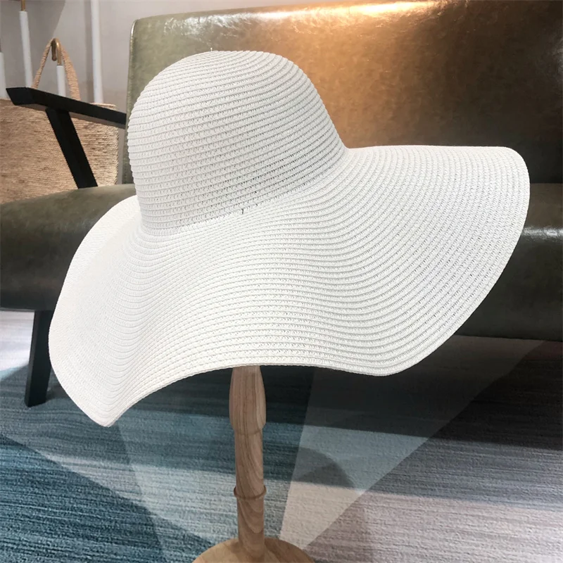 White punk straw hat 25cm large brim hat sun ultra-thin breathable summer sun straw travel men and women