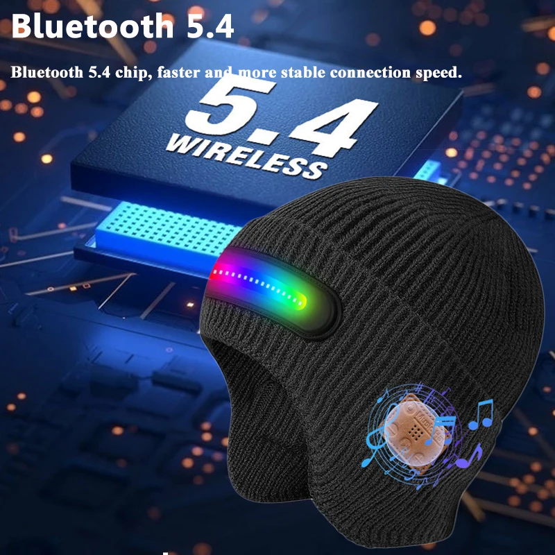 Wirelss Bluetooth Hat RGB Light Headphones Outdoor Sports Music Headset Warm Beanie Smart Cap with Microphone for Running Yoga