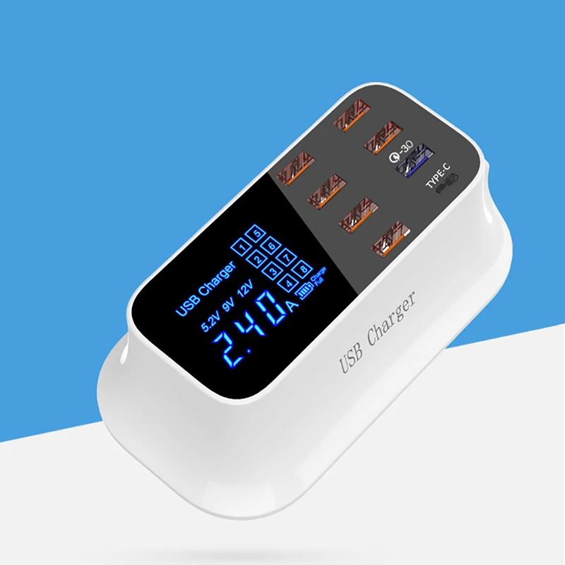

Portable Multi USB Charger Desktop Quick Charge 3.0 USB Charger Station Dock LED Display Smart USB Type C 8 Ports Charger Hub