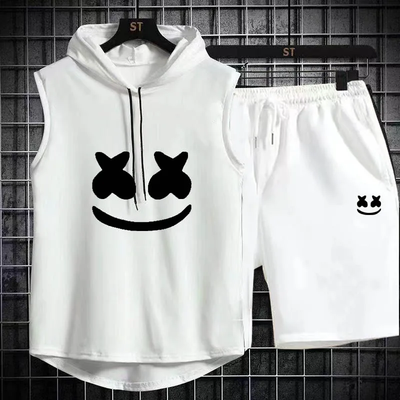2024 Summer Mens Muscle Hoodie Vest Sleeveless Bodybuilding Gym Workout Fitness Shirt High Quality Vest Hip Hop Sweatshirt suit 3