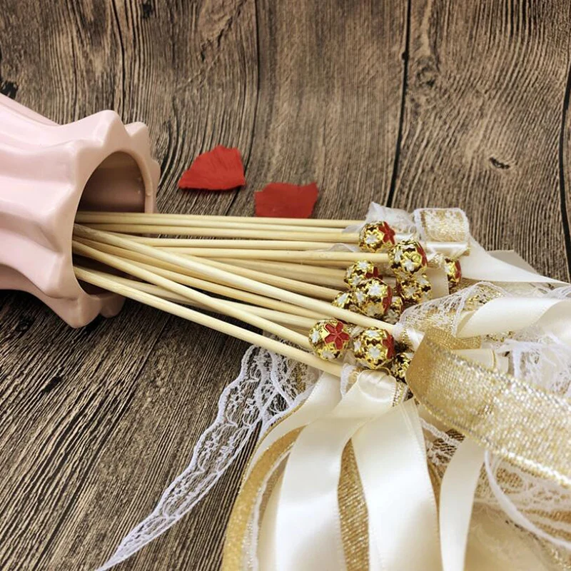 Ribbon Wedding Wands Lace Stick Bells Twirling Streamers Supplies 5Pcs