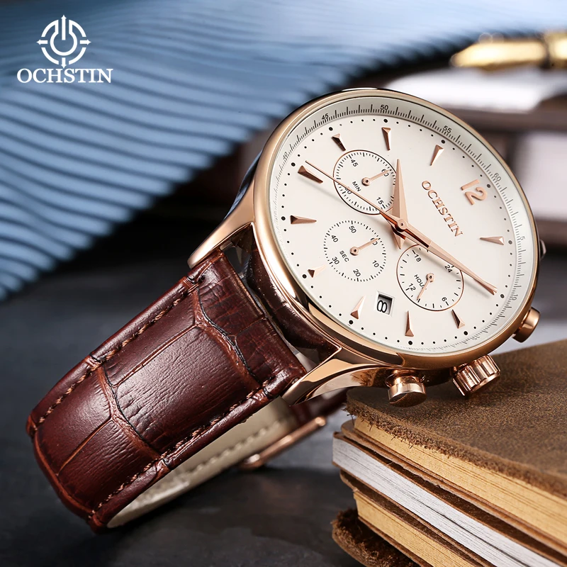 Ochstin Prominente Series Multifunction Quartz Movement Leather Strap Business Luxury Mens Quartz Clock