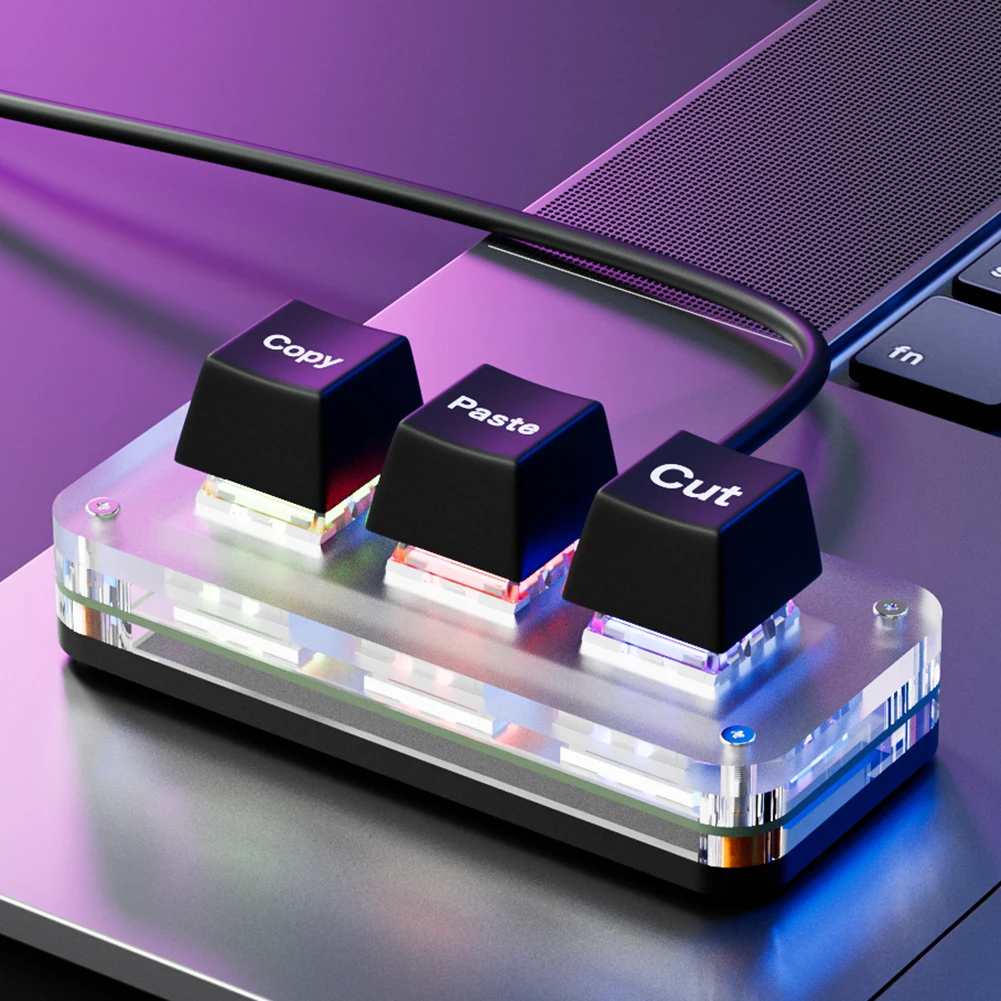 RGB 미니 컷 복사 붙여넣기 키보드, 한 손 키보드, USB C타입 매크로 키패드, 작업 및 게임용, 3 키, CTRL X C V 단축키