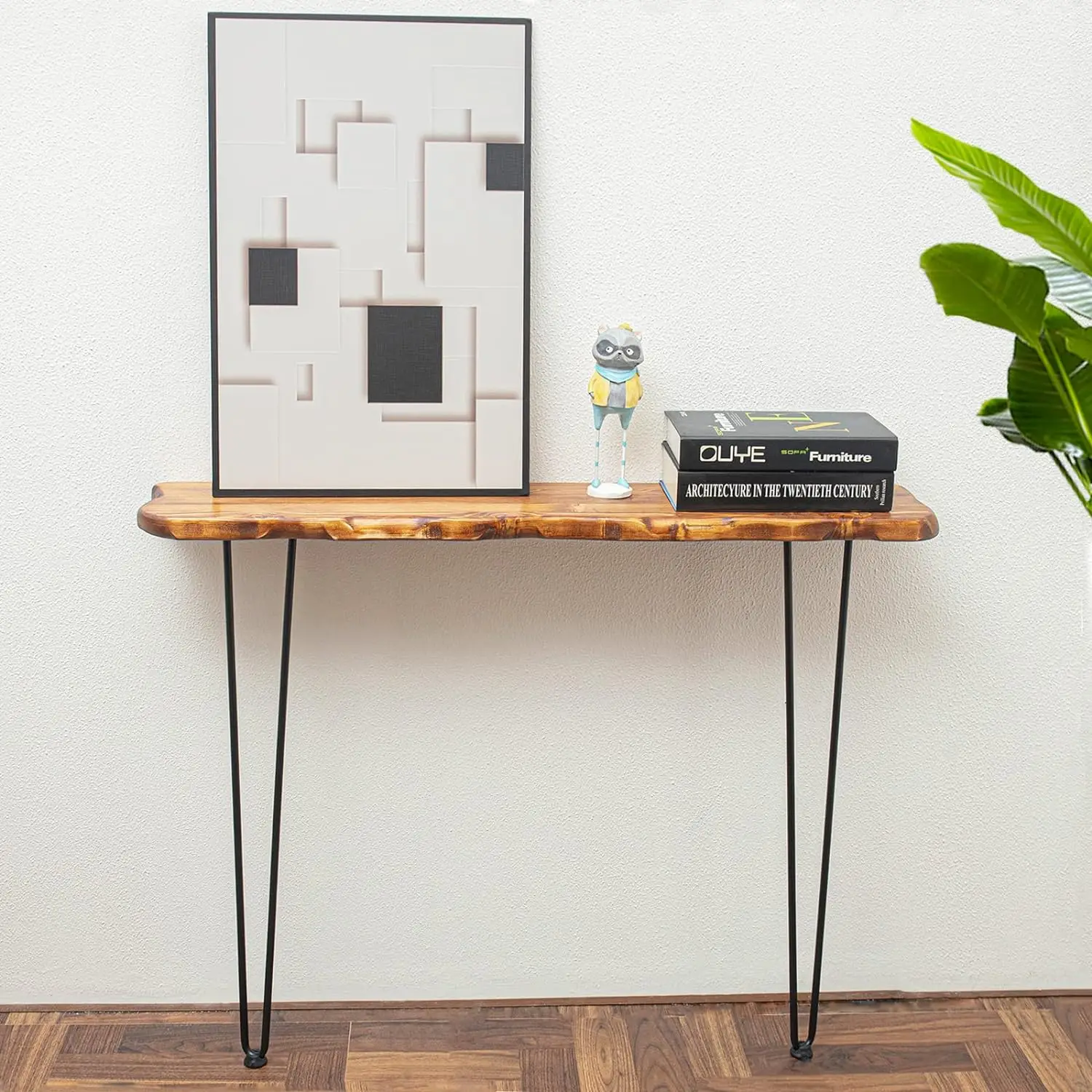 Wall-Mounted Side Console Sofa Table Industrial Natural Wood Table for Entryway Living Room with Two Iron Feet, Rustic Brown