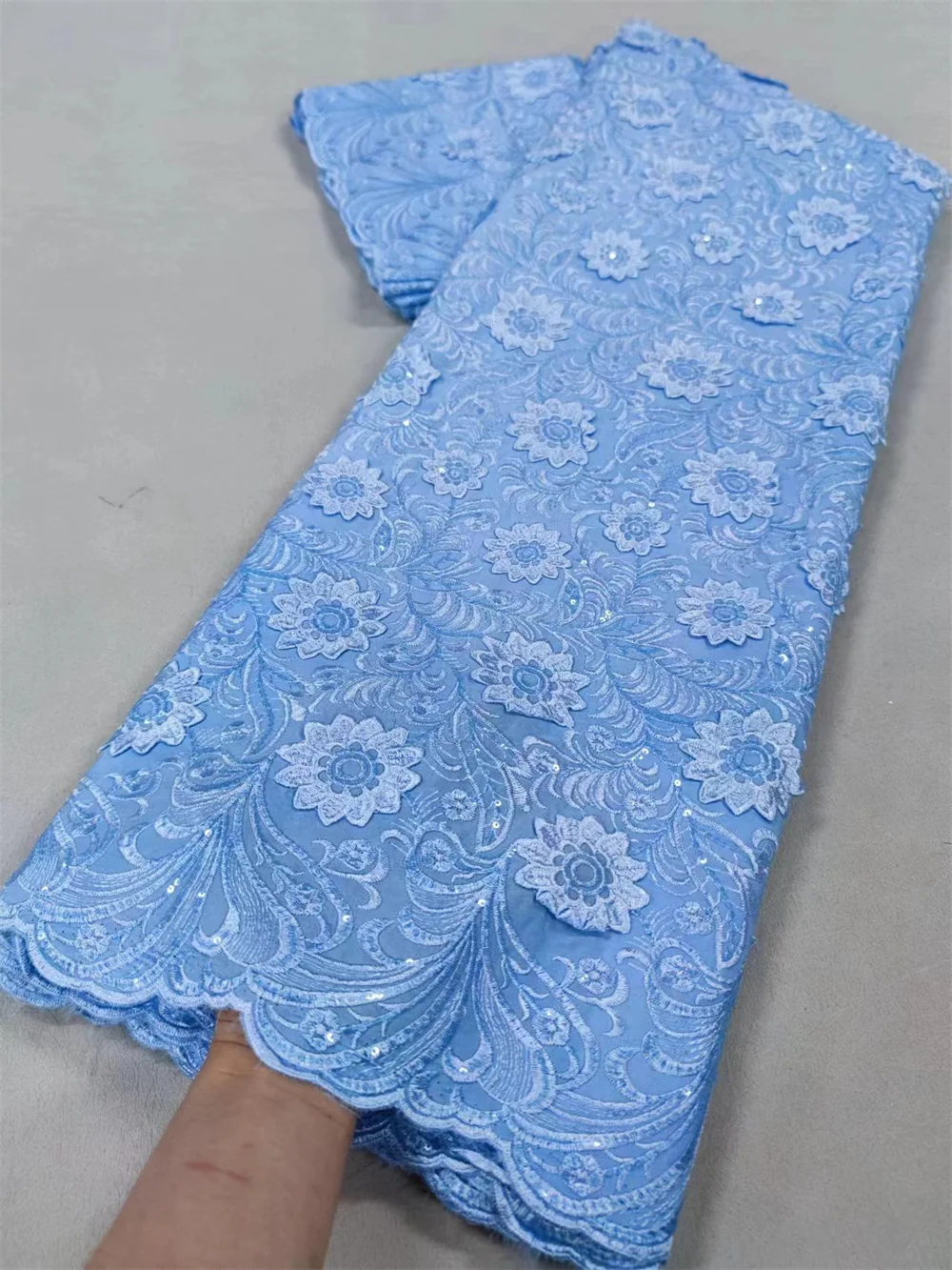 

5 Yards French Lace Fabrics Quality 2024 Luxury Lace Fabric With Sequins Nigerian Chiffon Lace Fabric Sky Blue French Wp441-2