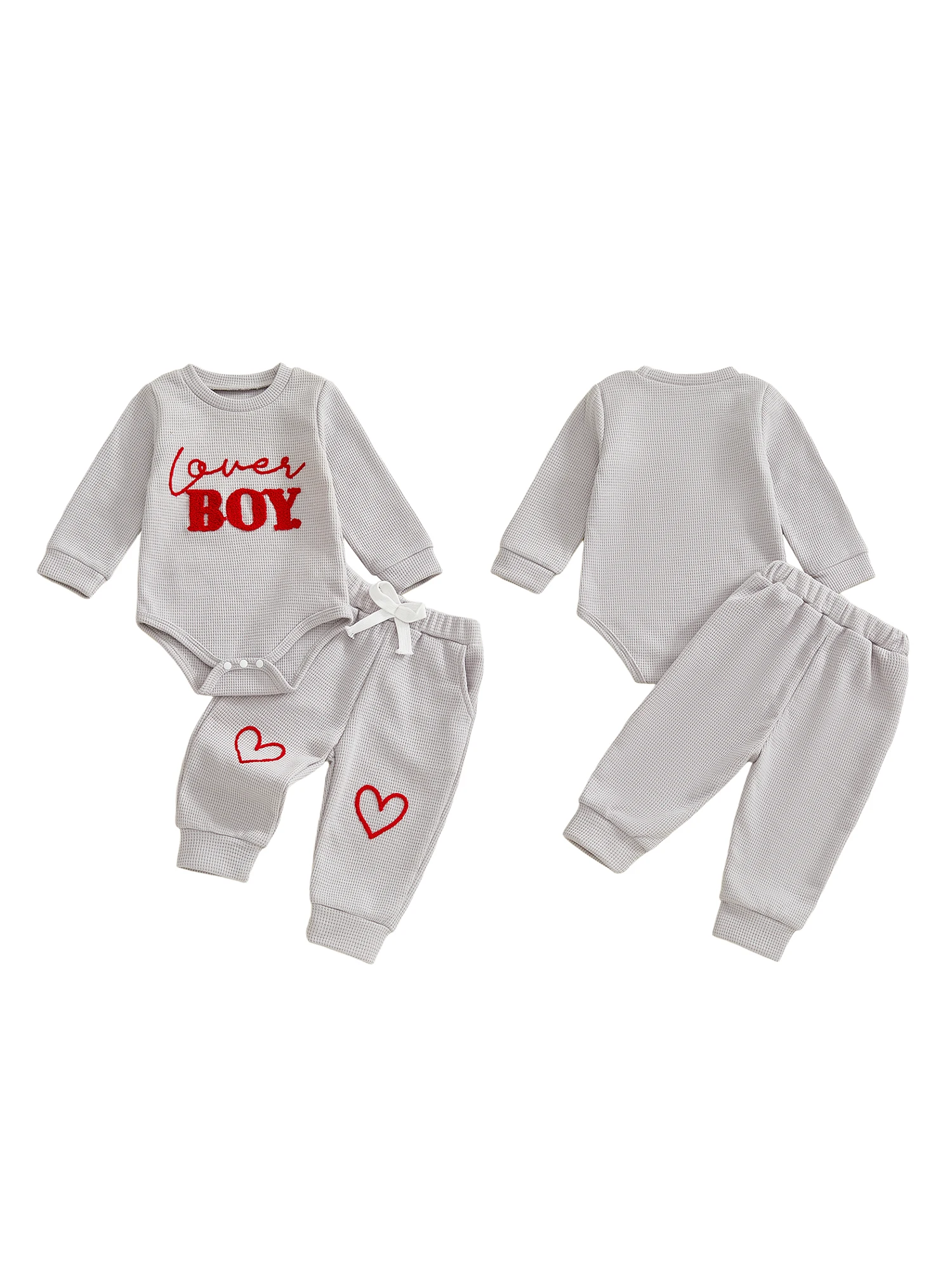 Adorable Baby Boy s Valentine s Day Ensemble Stylish Long Sleeve Romper with Embroidered Letters and Matching Pants Set
