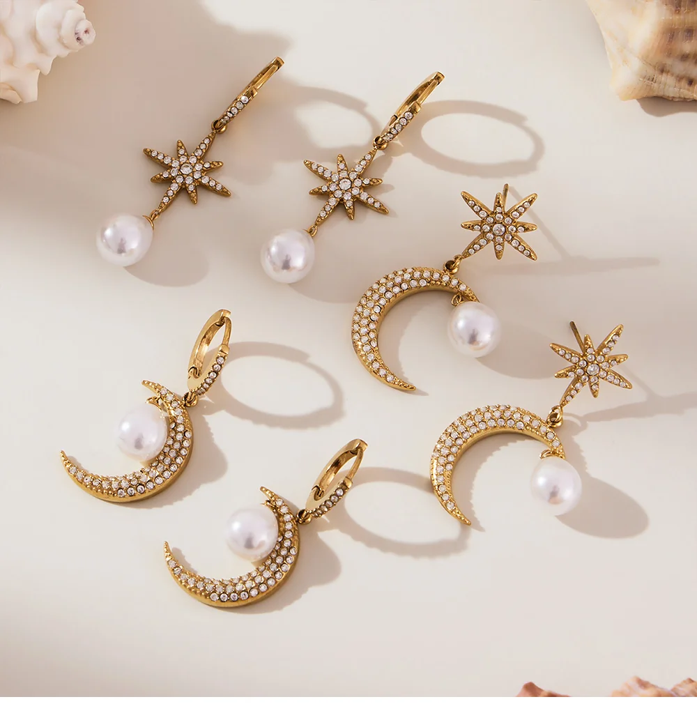 Elegante Imitation Perle Mond Anhänger Halskette Für Frauen Edelstahl Vergoldet Glänzenden Zirkon Tropfen Ohrringe Luxus Schmuck – Detail 15